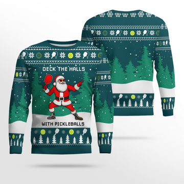 Funny Deck The Hall Pickleball Santa Ugly Christmas Sweater Deep Teal – Moonbestprint