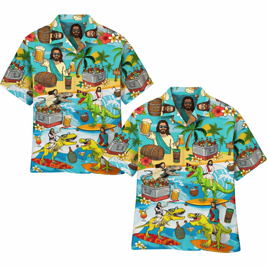 Funny Jesus Riding Dinosaurs Hawaiian Shirt – Moonbestprint