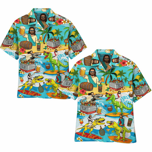 Funny Jesus Riding Dinosaurs Hawaiian Shirt – Moonbestprint