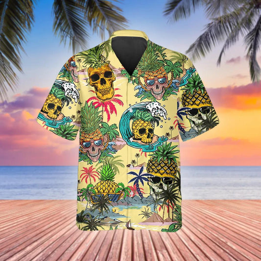 Funny Pineapple Skull Hawaiian Shirt, Hawaiian Button Up Shirt, Tropical Shirts For Men Moonbestprint