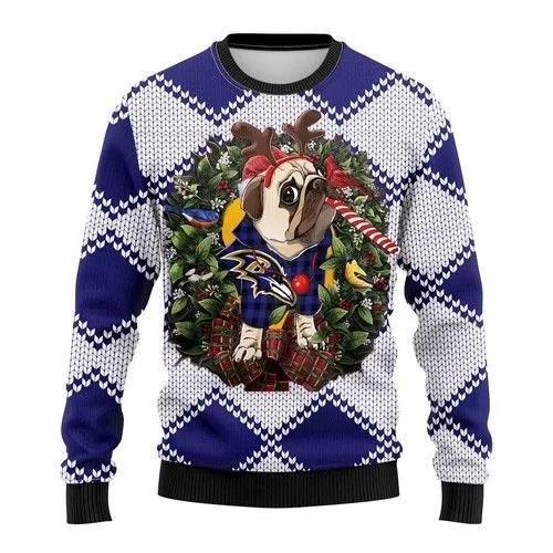 Funny Reindeer Pug Dog Baltimore Ravens Ugly Christmas Sweater, NFL Christmas Sweater Moonbestprint