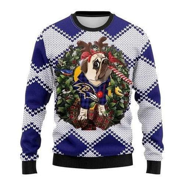 Funny Reindeer Pug Dog Baltimore Ravens Ugly Christmas Sweater, NFL Christmas Sweater Moonbestprint