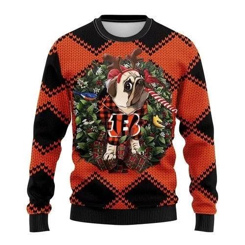 Funny Reindeer Pug Dog Cincinnati Bengals Ugly Christmas Sweater, NFL Christmas Sweater Moonbestprint