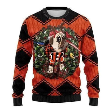 Funny Reindeer Pug Dog Cincinnati Bengals Ugly Christmas Sweater, NFL Christmas Sweater Moonbestprint