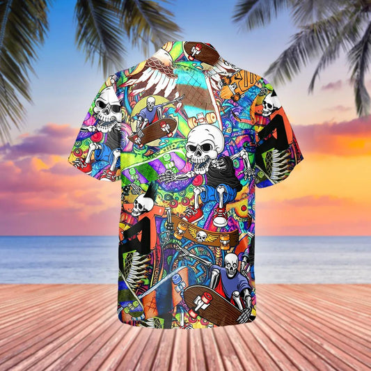Funny Skateboard Skull Hawaiian Shirt, Hawaiian Button Up Shirt, Tropical Shirts For Men Moonbestprint