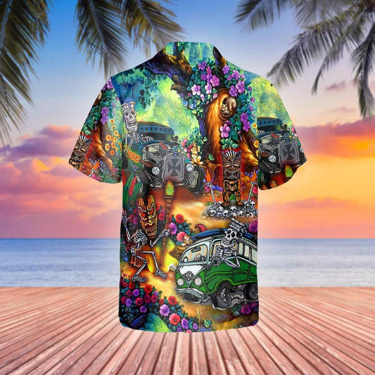 Funny Skull On Camper Hawaiian Shirt, Hawaiian Button Up Shirt, Tropical Shirts For Men Moonbestprint