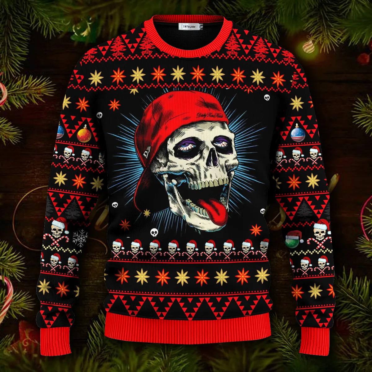 Funny Skull With Cap Skull Ugly Christmas Sweater Moonbestprint