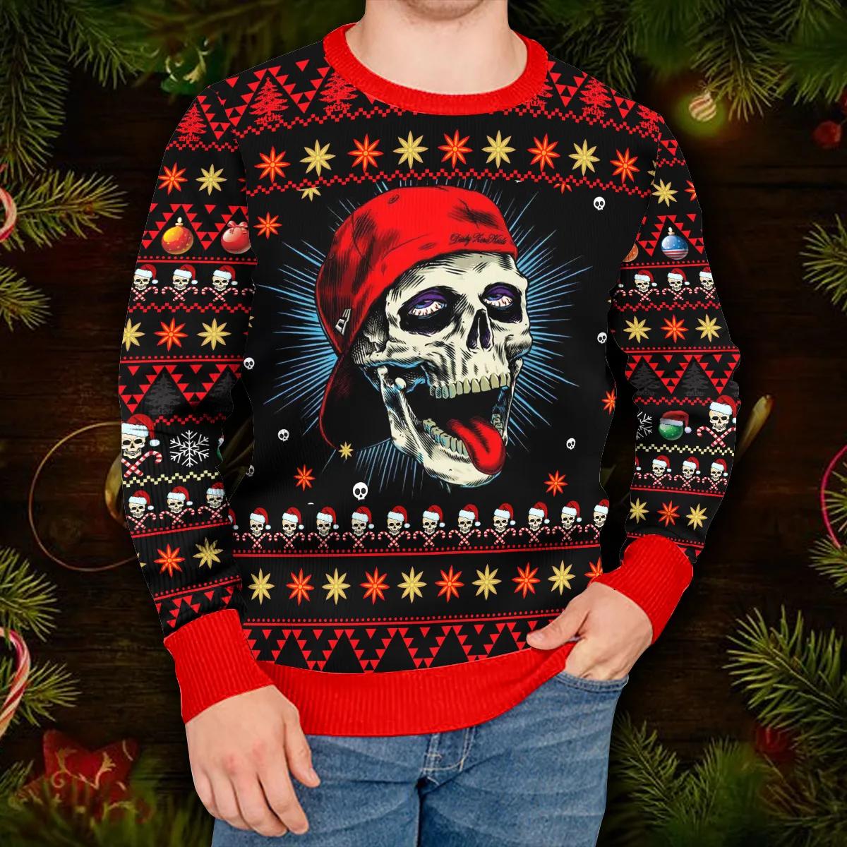 Funny Skull With Cap Skull Ugly Christmas Sweater Moonbestprint