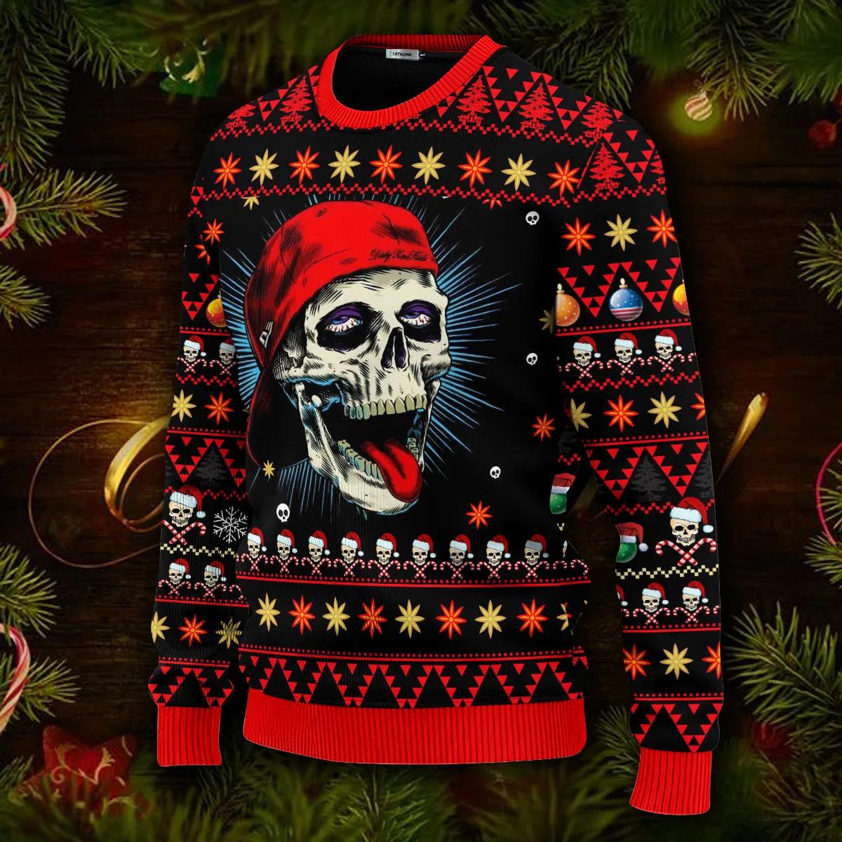 Funny Skull With Cap Skull Ugly Christmas Sweater Moonbestprint
