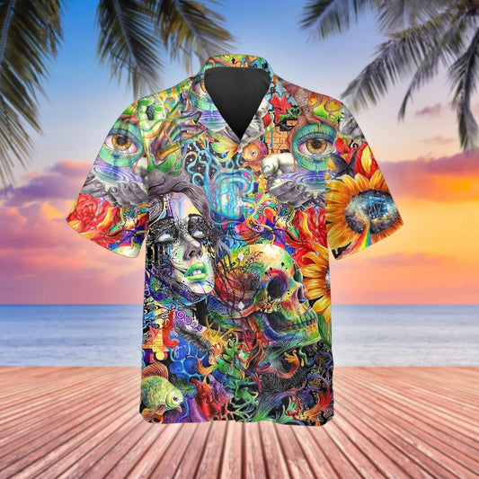 Generic Crazy Trippy Psychedelic Fantasy Colorful Skull Hawaiian Shirt, Hawaiian Button Up Shirt, Tropical Shirts For Men Moonbestprint