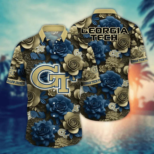 Georgia Tech Yellow Jackets NCAA Flower Aloha Hawaiian Shirt 7, NCAA Hawaiian Shirt Moonbestprint
