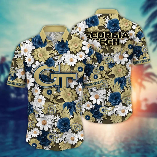 Georgia Tech Yellow Jackets NCAA Flower Aloha Hawaiian Shirt 8, NCAA Hawaiian Shirt Moonbestprint