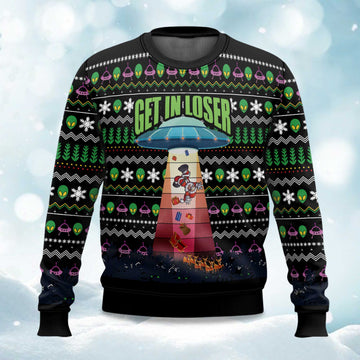 2026 Get In Loser Alien Kidnaps Santa Claus Ugly Christmas Sweater Moonbestprint