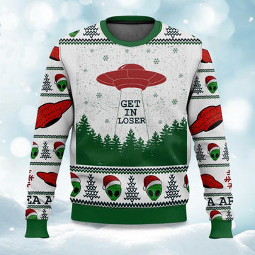 2026 Get In Loser Area 51 Ugly Christmas Sweater Moonbestprint