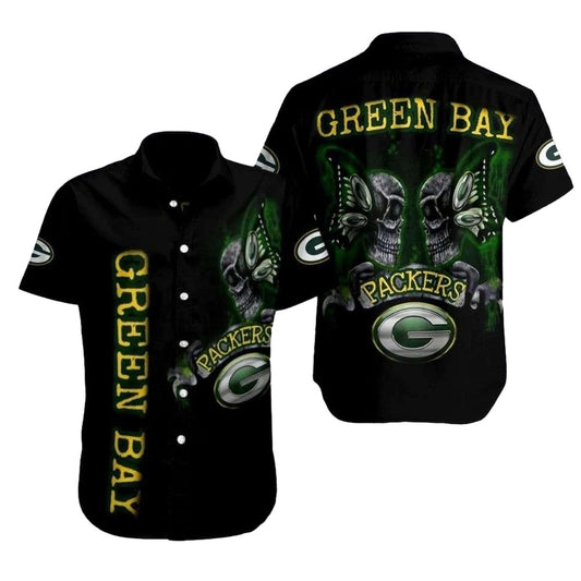 Ghoulish Green Bay Packers Tropical Skull Black Hawaiian Shirt - Moonbestprint