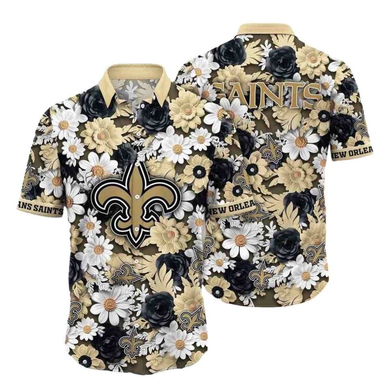 Gold And Black Floral New Orleans Saints Hawaiian Shirt - Moonbestprint
