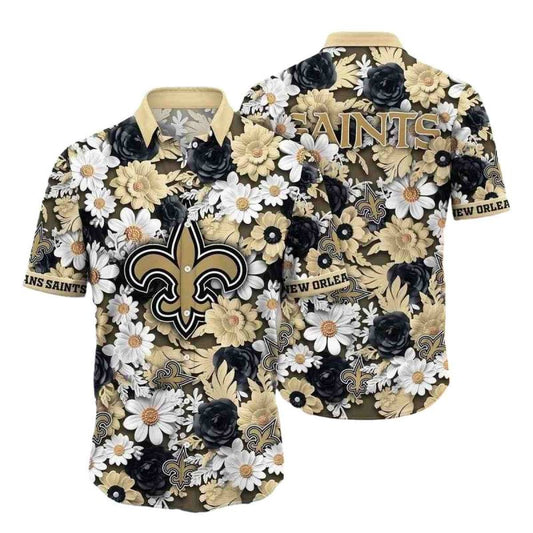 Gold And Black Floral New Orleans Saints Hawaiian Shirt - Moonbestprint