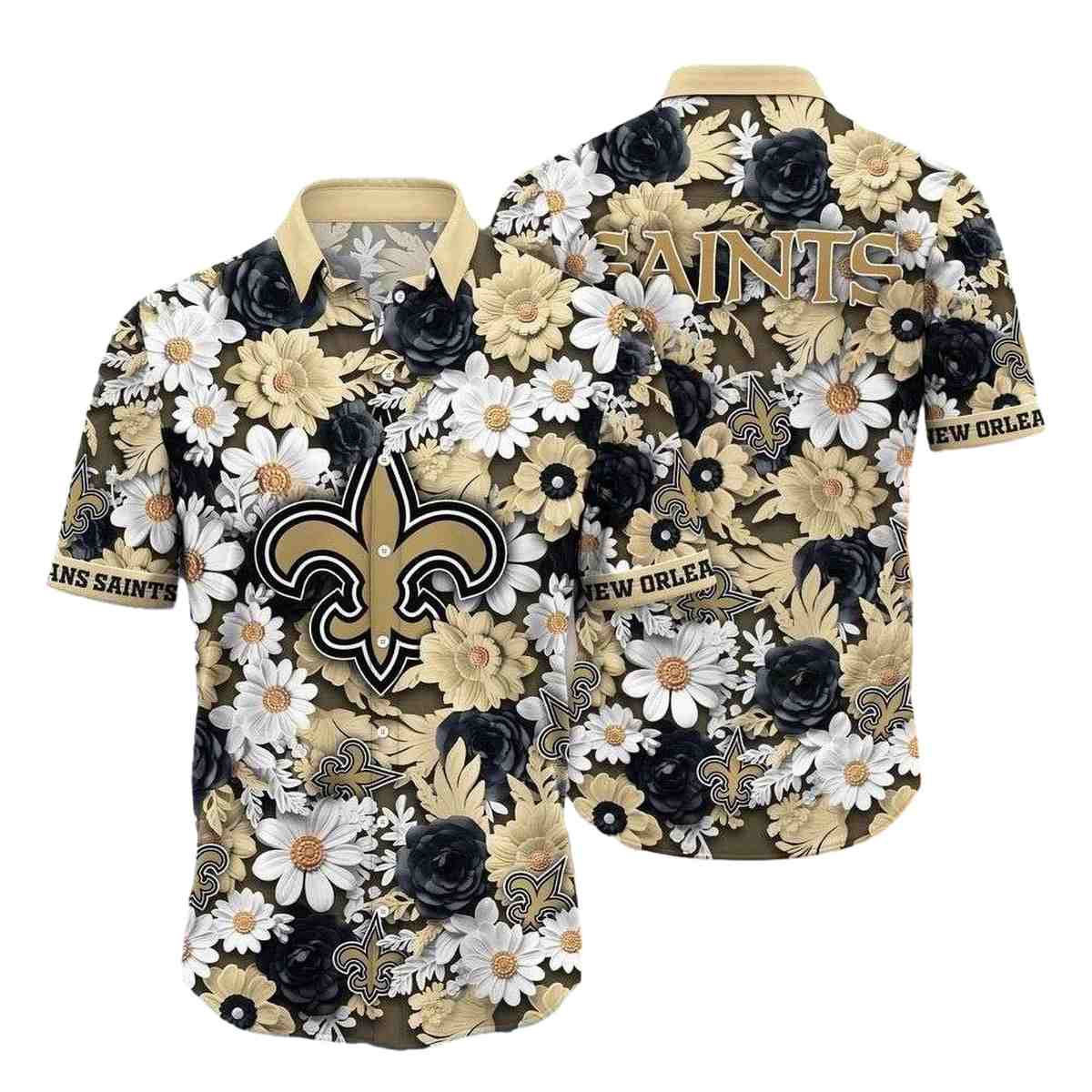 Gold And Black Floral New Orleans Saints Hawaiian Shirt - Moonbestprint