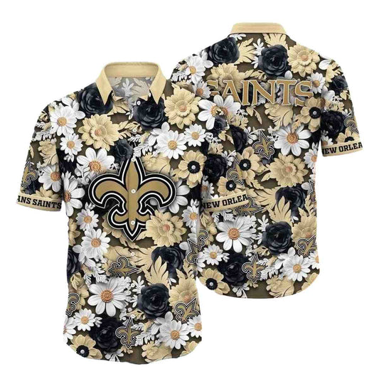 Gold And Black Floral New Orleans Saints Hawaiian Shirt - Moonbestprint