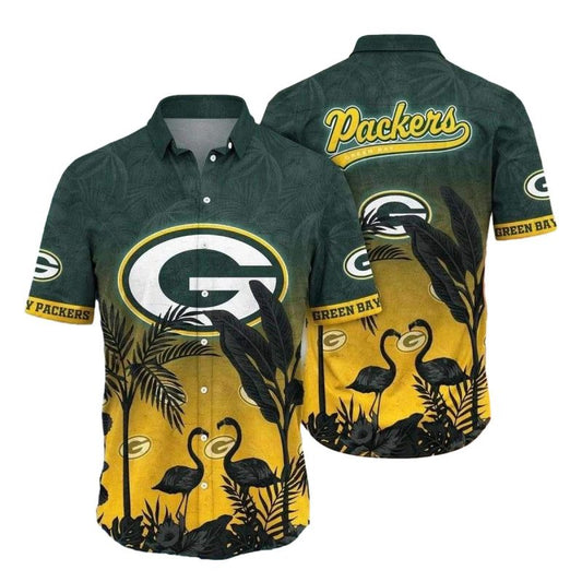 Golden Sunset Flamingos Green Bay Packers Beach Hawaiian Shirt - Moonbestprint