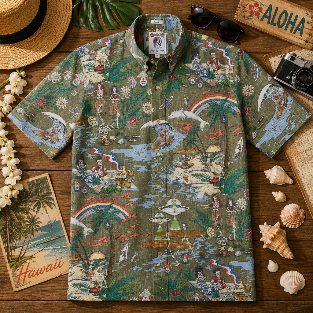 Grateful Dead Far Out Dusty Olive Hawaiian Shirt – Moonbestprint