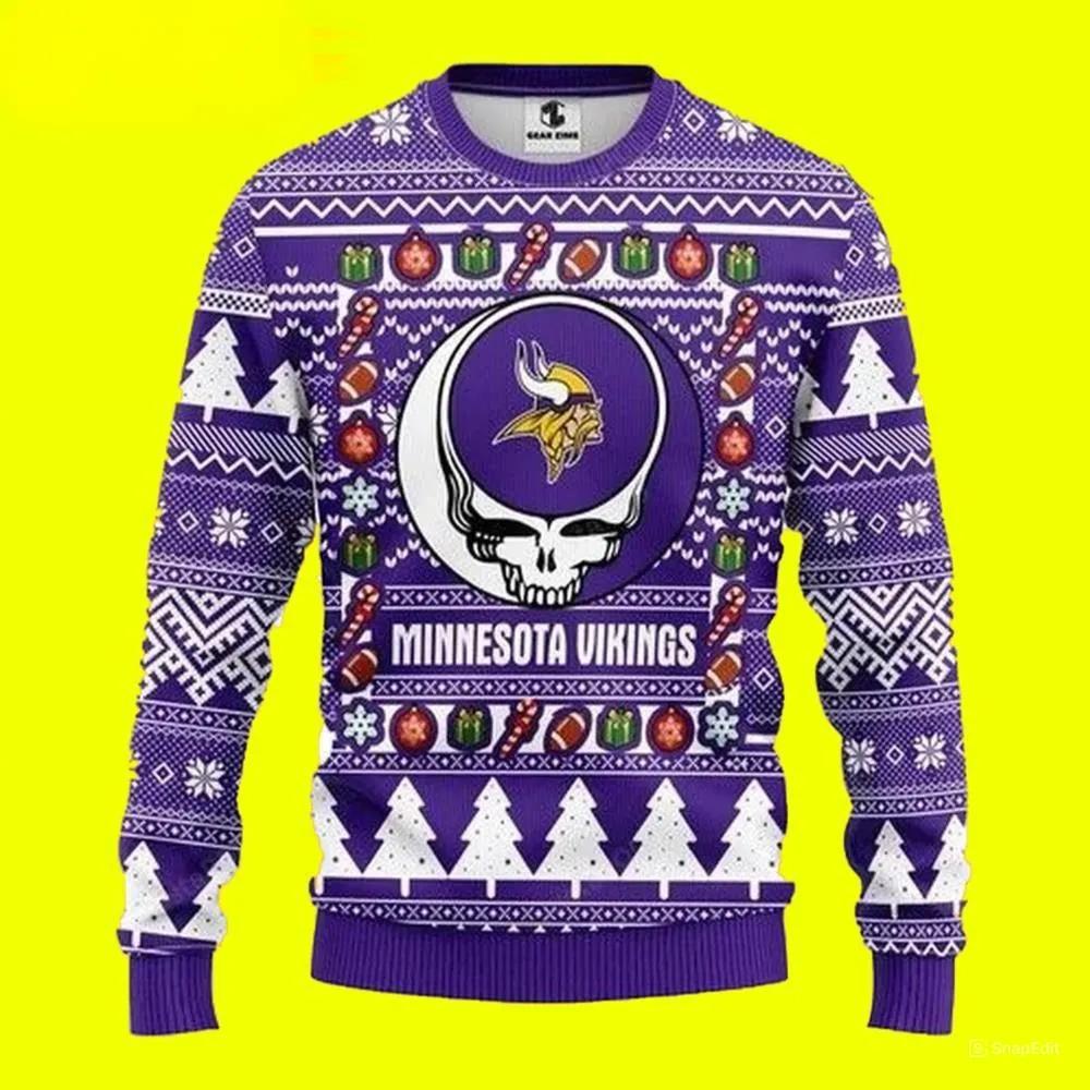 Grateful Dead Minnesota Vikings Ugly Christmas Sweater, NFL Christmas Sweater Moonbestprint