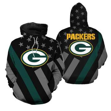 Green Bay Packers American Flag Black Hoodie, NFL Hoodie Moonbestprint