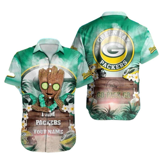 Green Bay Packers And Groot Go Pack Go Hawaiian Shirt - Moonbestprint