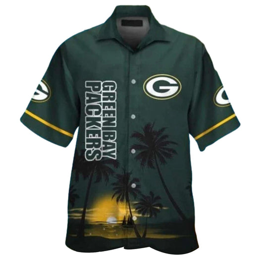 Green Bay Packers Black Palm Tree Sunset Hawaiian Shirt - Moonbestprint