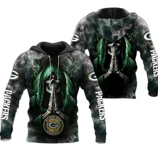 Green Bay Packers Death Smoke Praying Skull 3D Hoodie - Aop Hoodie - Moonbestprint