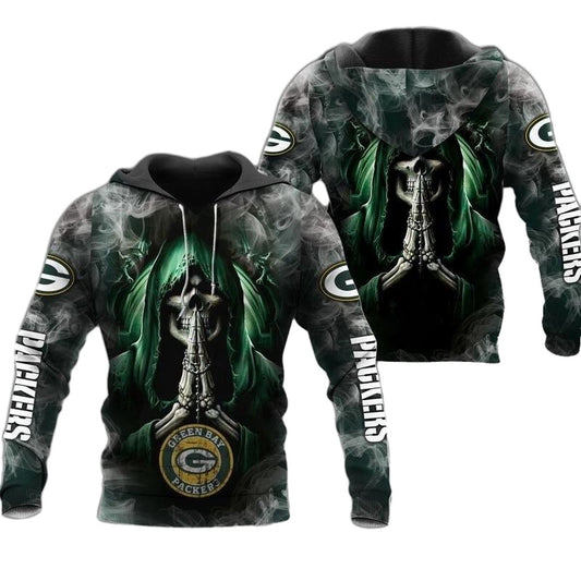 Green Bay Packers Death Smoke Praying Skull 3D Hoodie - Aop Hoodie - Moonbestprint