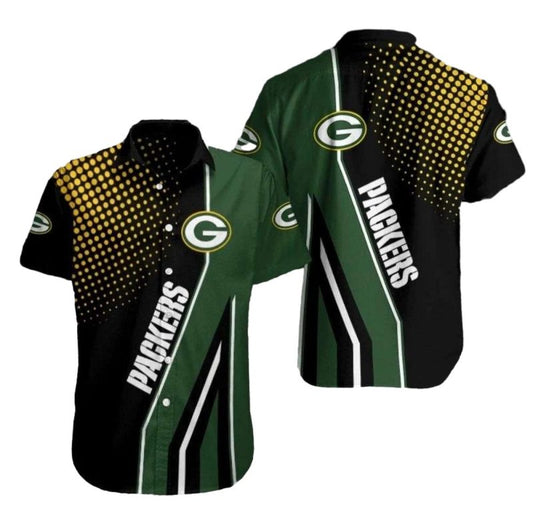 Green Bay Packers Fanatic Fade Black And Yellow Halftone Hawaiian Shirt - Moonbestprint