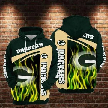 Green Bay Packers Fire Football 3D Hoodie, NFL Hoodie Moonbestprint