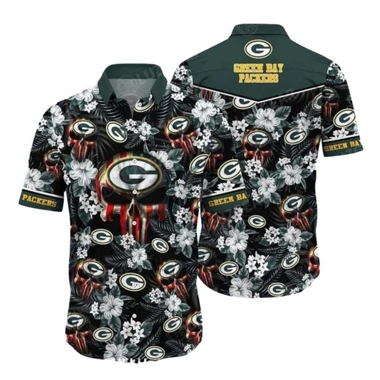 Green Bay Packers Flag Skull Floral Pattern Hawaiian Shirt - Moonbestprint