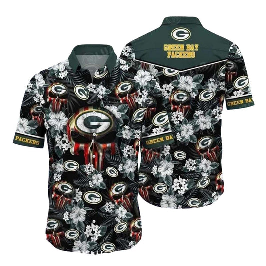 Green Bay Packers Flag Skull Floral Pattern Hawaiian Shirt - Moonbestprint