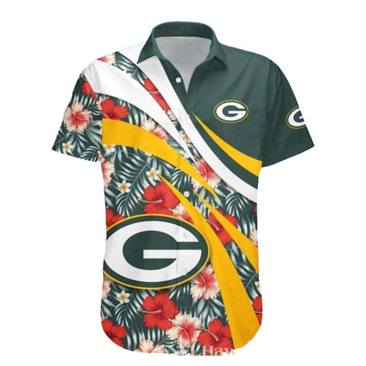 Green Bay Packers Floral Stripe Diagonal Dash Hawaiian Shirt - Moonbestprint