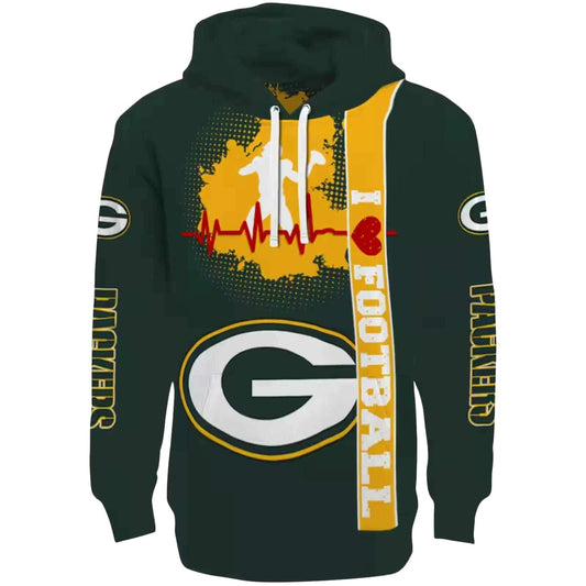 Green Bay Packers Football Heartbeat Green Aop Hoodie - Moonbestprint