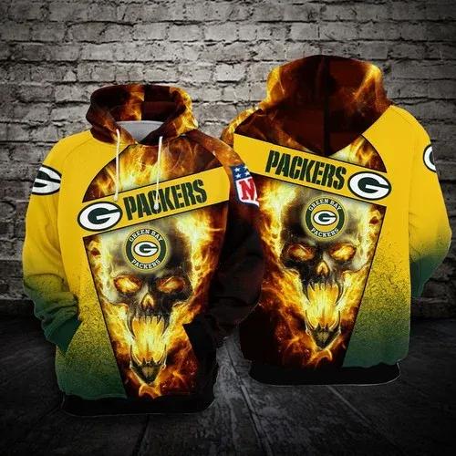 Green Bay Packers Football Skull Fire 3D Hoodie, NFL Hoodie Moonbestprint