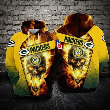 Green Bay Packers Football Skull Fire 3D Hoodie, NFL Hoodie Moonbestprint