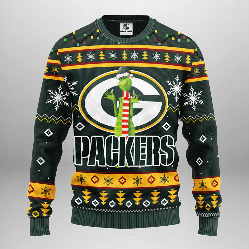 Green Bay Packers Funny Grinch Ugly Christmas Sweater, Grinch Xmas Sweater Moonbestprint