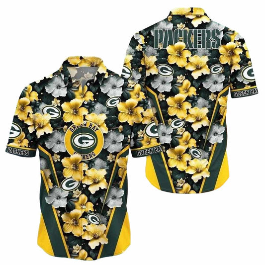 Green Bay Packers Gold And Grey Floral Hibiscus Hawaiian Shirt - Moonbestprint