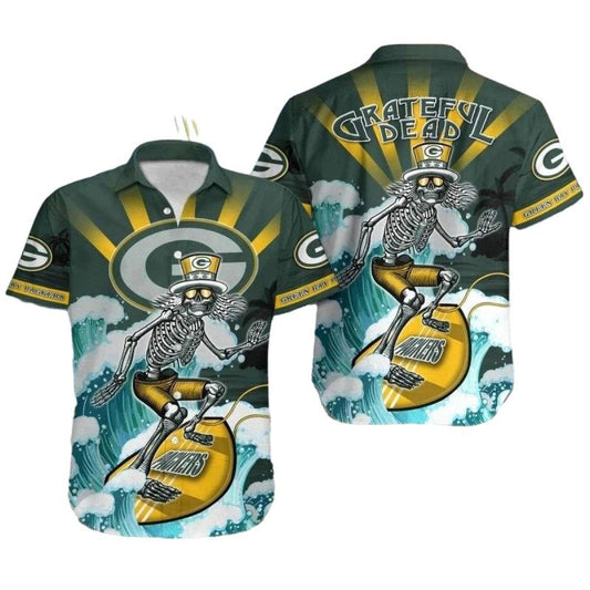 Green Bay Packers Grateful Dead Skeleton Surfer Hawaiian Shirt - Moonbestprint
