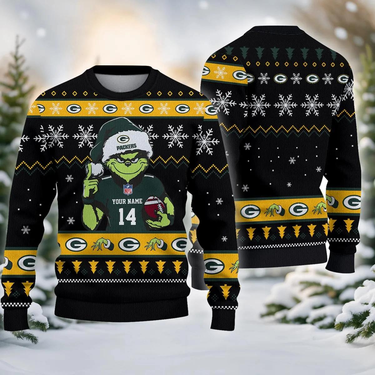 Green Bay Packers Grinch Custom Ugly Christmas Sweater, NFL Christmas Sweater Moonbestprint