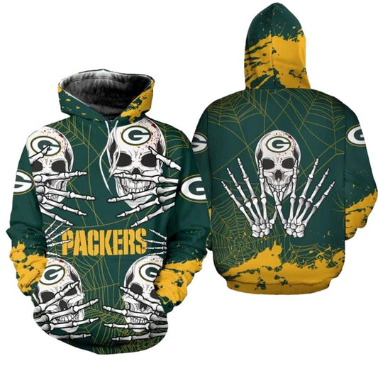 Green Bay Packers Hand Skull For Halloween Aop Hoodie - Moonbestprint