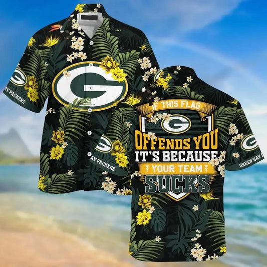 Green Bay Packers Hawaiian Sas With Tropical Pattern – If This Flag Offends You It’S Because You Team Sucks, NFL Hawaiian Shirt Moonbestprint