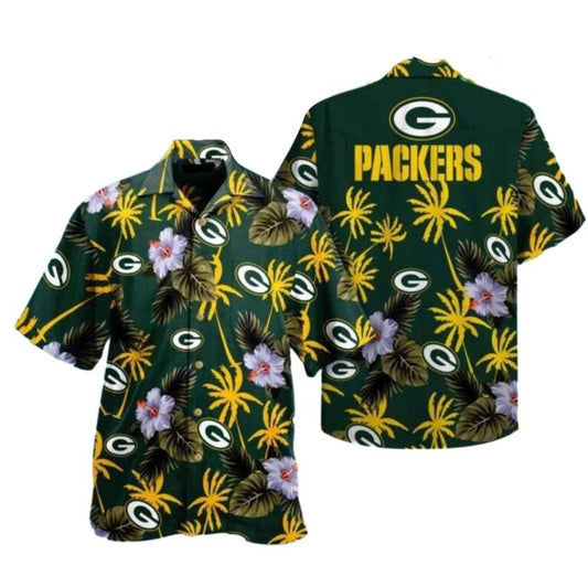 Green Bay Packers Hibiscus And Coconut Tree Floral Hawaiian Shirt - Moonbestprint