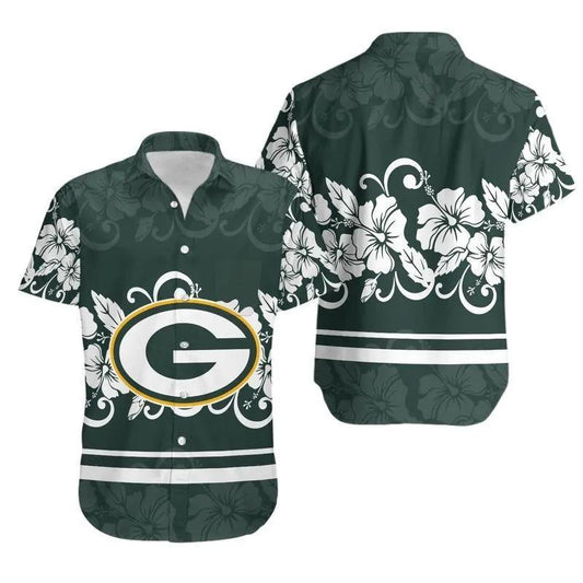 Green Bay Packers Hibiscus Flowers Logo Hawaiian Shirt, NFL Hawaiian Shirt Moonbestprint