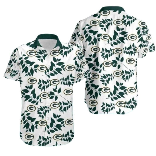 Green Bay Packers Leaf Pattern And Team Logo White Hawaiian Shirt - Moonbestprint