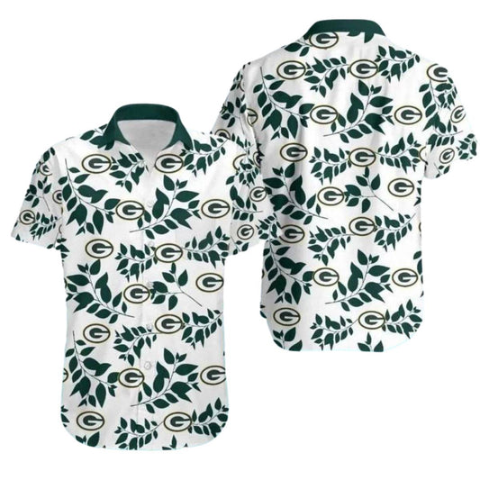 Green Bay Packers Leaf Pattern And Team Logo White Hawaiian Shirt - Moonbestprint