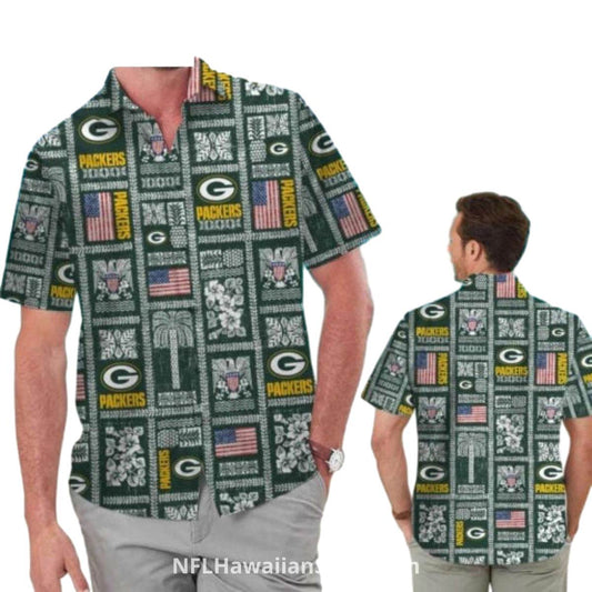 Green Bay Packers Logos And Flag Pattern Hawaiian Shirt - Moonbestprint